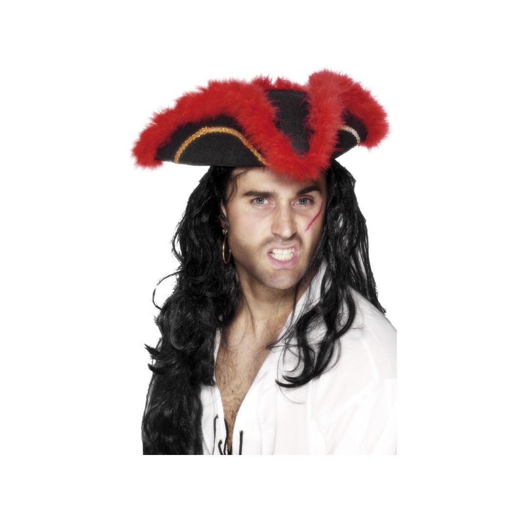 Pirate Tricorn Hat, Red Feather, Black