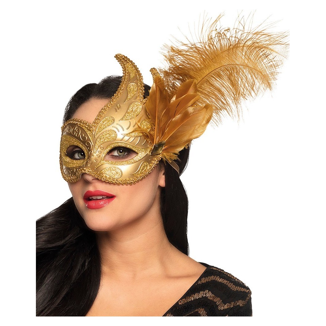 Kuldne kõrgem kuldne mask sulgedega